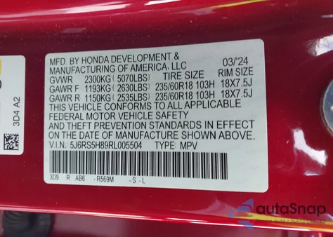 2024 Honda Cr-V Hybrid Sport-L из США, поврежденный, VIN 5J6RS5H89RL005504